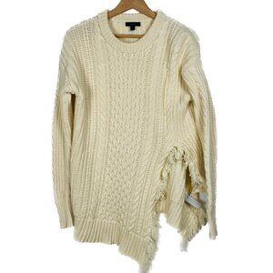JCREW Cream Oversize Wool Blend Cable knit Fringe Asymmetrical Sweater Size: XS